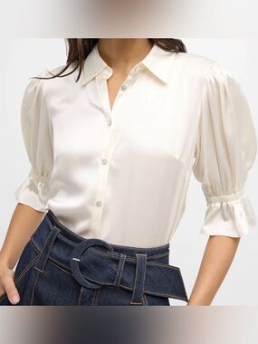 White House Black Market Cream Satin Button-Front Blouse